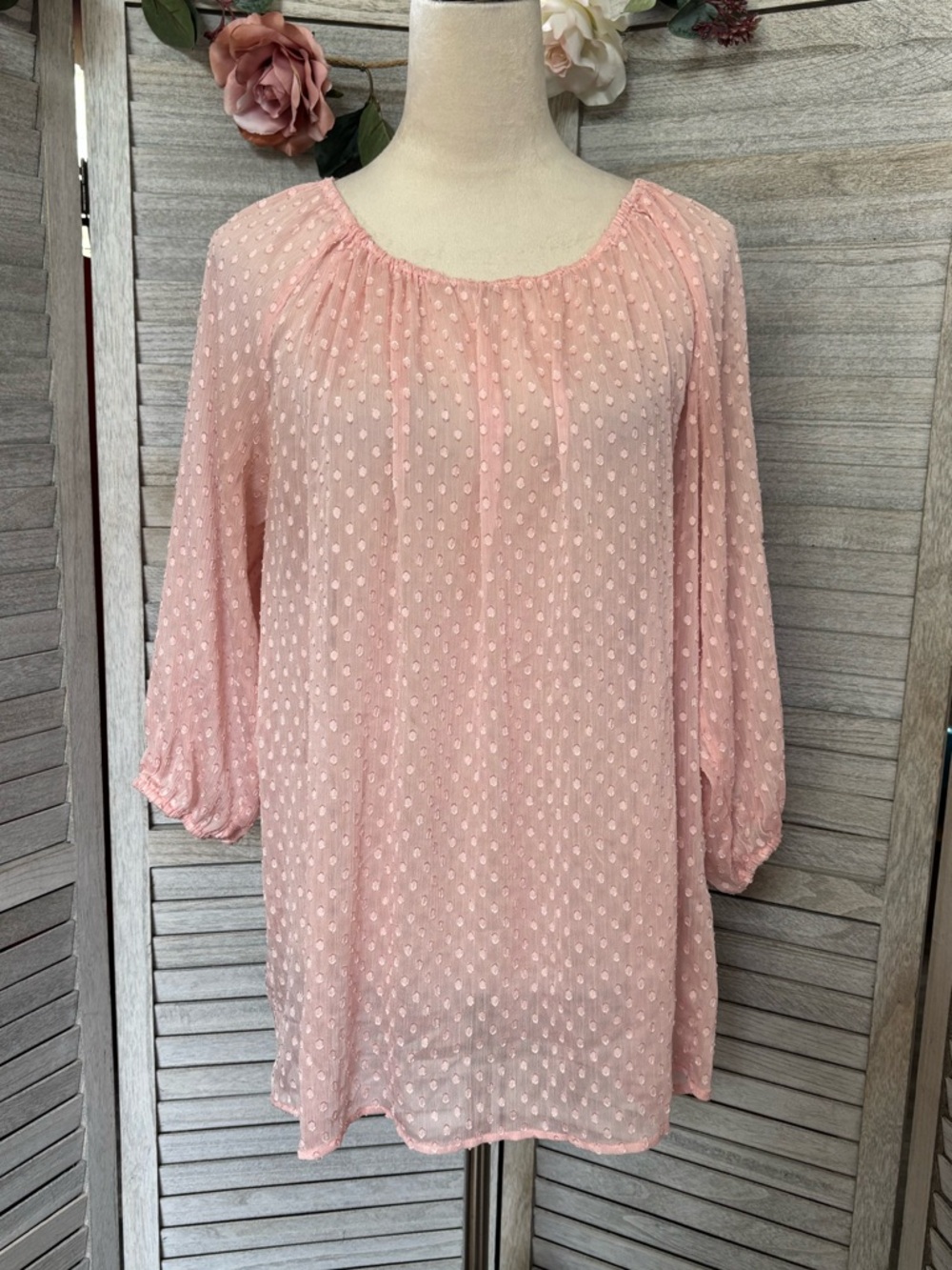 Blush Pink Women’s SZXL J-LO Swiss Dot Sheer Chiffon 3/4 Sleeve Peasant Boho Top